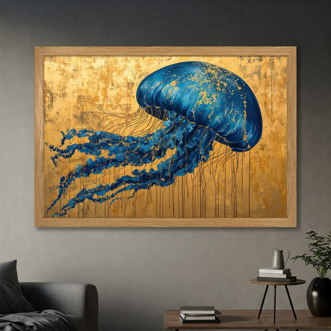 Framed Poster of a blue jellyfish art print. Modern abstract style with gold and blue color palette. Elevate your space with this stunning artwork!