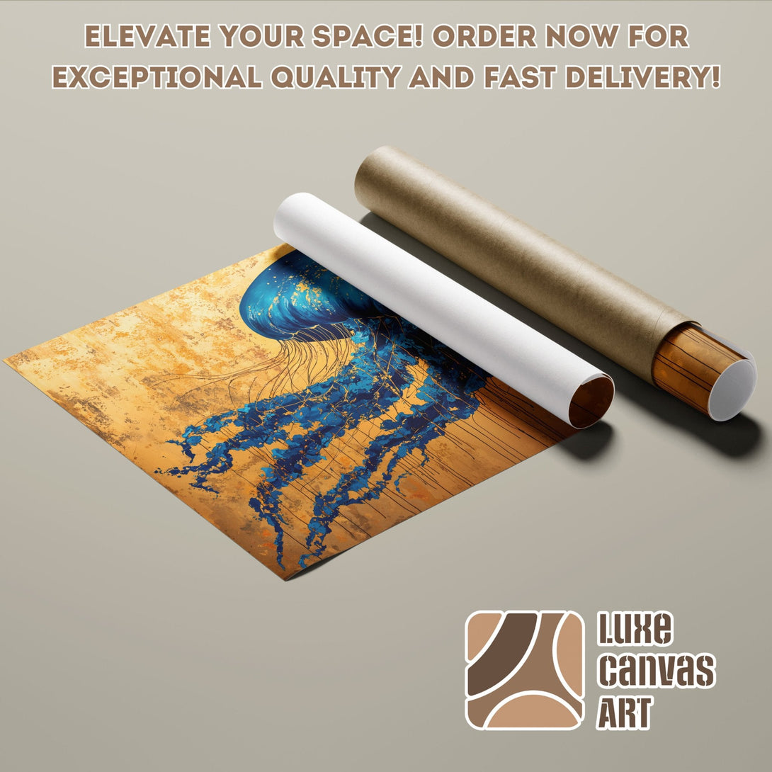 Abstract blue jellyfish Poster Roll art on gold background. Elevate your space!