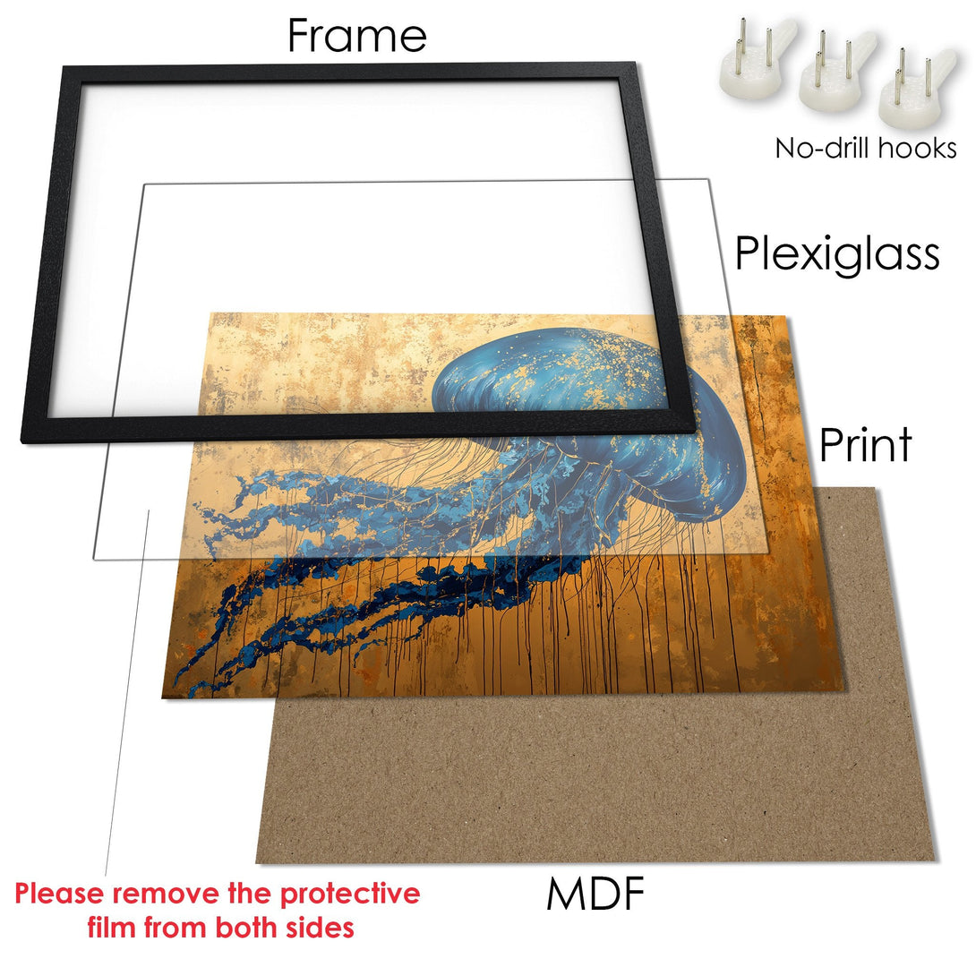Framed Poster featuring a blue jellyfish art print. Abstract style with gold and blue color palette. Ready to hang!