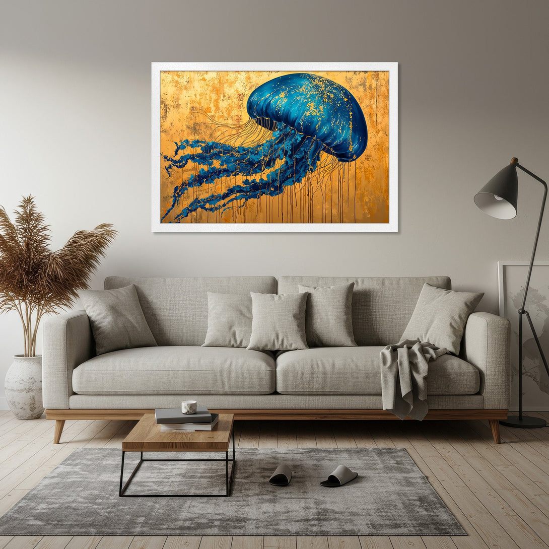 Framed Poster of a blue jellyfish art print with gold accents. Modern abstract style, warm gold and blue color palette. Perfect wall decor.