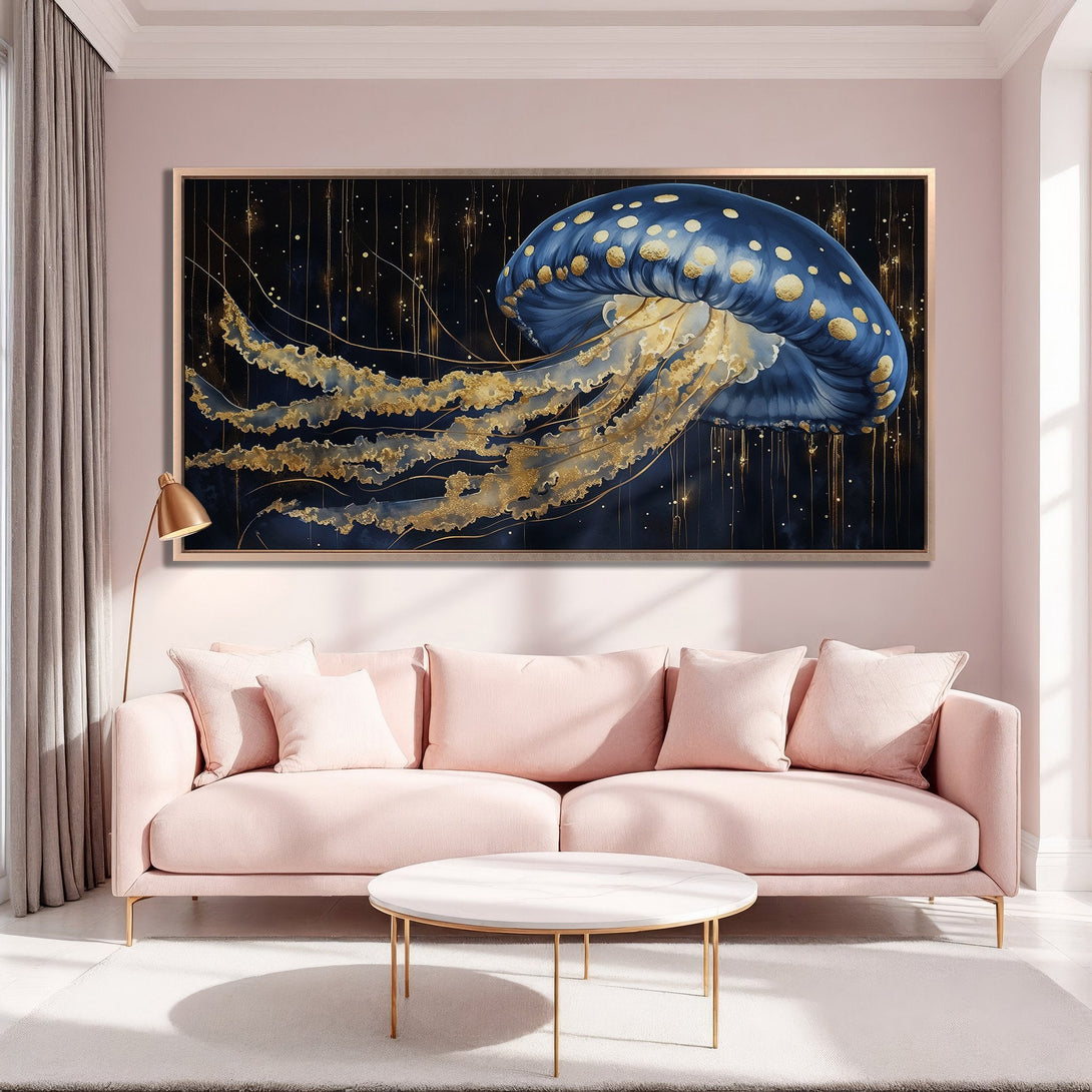 Framed Wall Art: Stunning blue & gold jellyfish art print. Modern abstract style, perfect for adding elegance and color to your living room. Shop now!