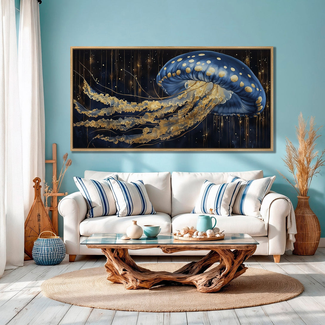 Framed Wall Art: Stunning blue and gold jellyfish art print. Coastal style with a calming color palette, perfect for living room decor.