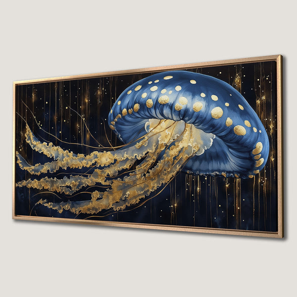 Framed Wall Art: Stunning blue & gold jellyfish canvas print. Elegant, abstract art with a dark, luxurious color palette. Perfect for modern decor.