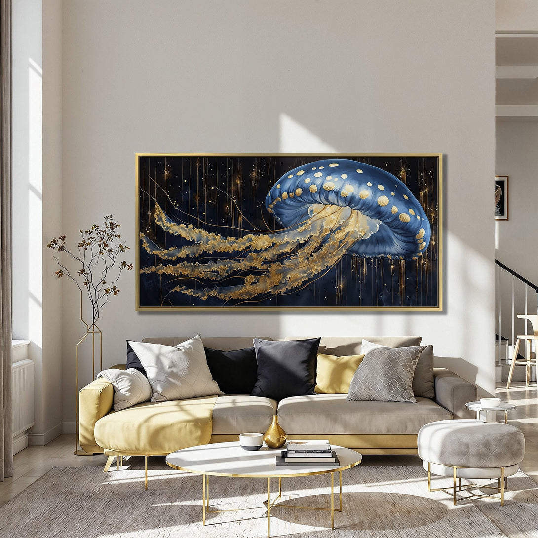 Canvas Print of a stunning blue and gold jellyfish art piece. Elegant, abstract style with a dark, luxurious color palette. Perfect wall decor!