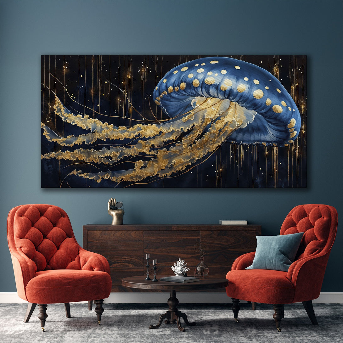 Framed Wall Art: Stunning blue and gold jellyfish print in a modern interior. Elegant abstract art with a dark, luxurious color palette. Perfect home decor.