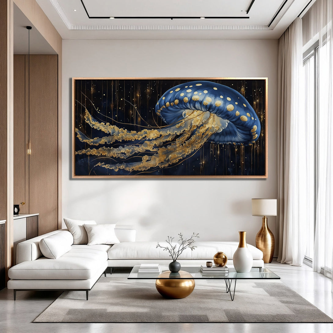 Framed Wall Art: Stunning blue and gold jellyfish art print. Modern style, elegant design, perfect for living room decor. Add a touch of luxury to your home!