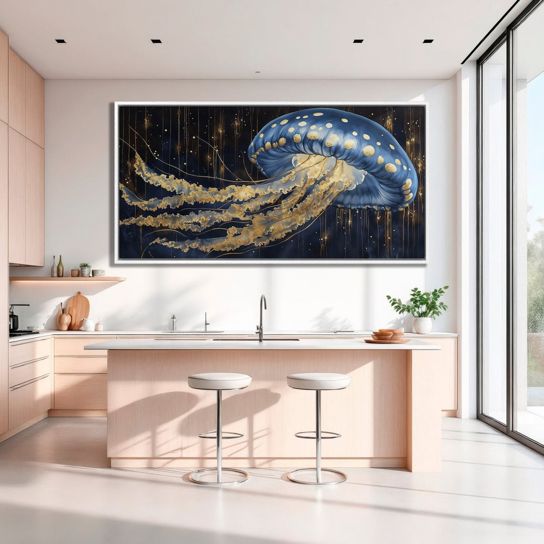 Framed Wall Art: Stunning blue and gold jellyfish canvas print. Modern art decor with a dark, elegant color palette. Elevate your space with this captivating artwork.