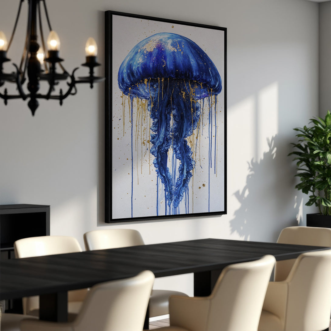 Framed Wall Art: Stunning blue jellyfish painting with gold accents. Modern abstract style, perfect for dining rooms. Elevate your decor with this unique Canvas Print!