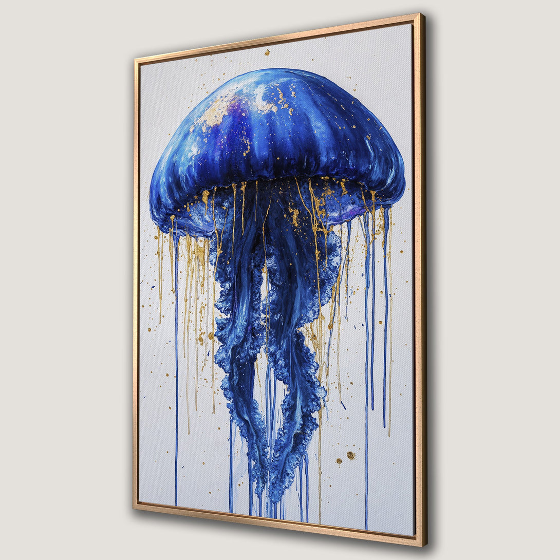 Framed Wall Art: Stunning blue jellyfish canvas print with gold accents. Modern abstract art in a gold frame, perfect for coastal decor.