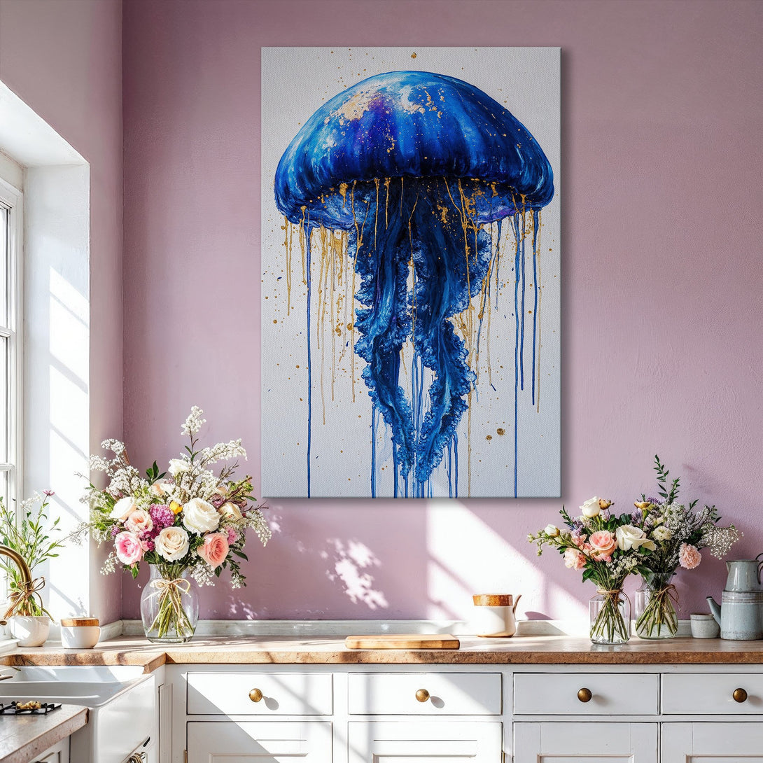 Framed Wall Art: Stunning blue jellyfish painting with gold accents. Modern abstract art in a luxurious living room setting. Elevate your space with this canvas print.