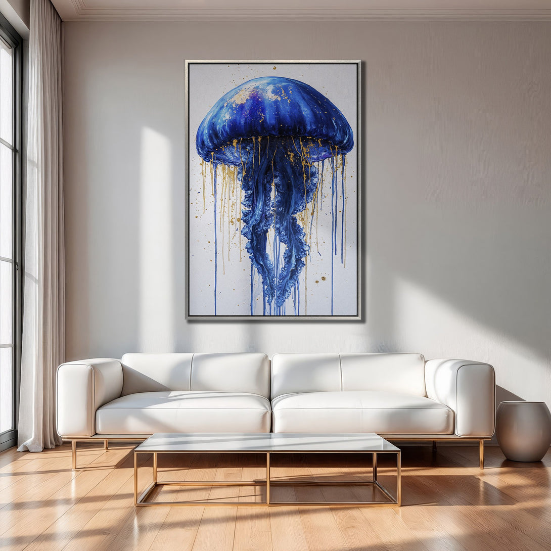 Framed Wall Art: Blue jellyfish painting with gold accents. Modern art canvas print in a minimalist interior with white and gold tones.