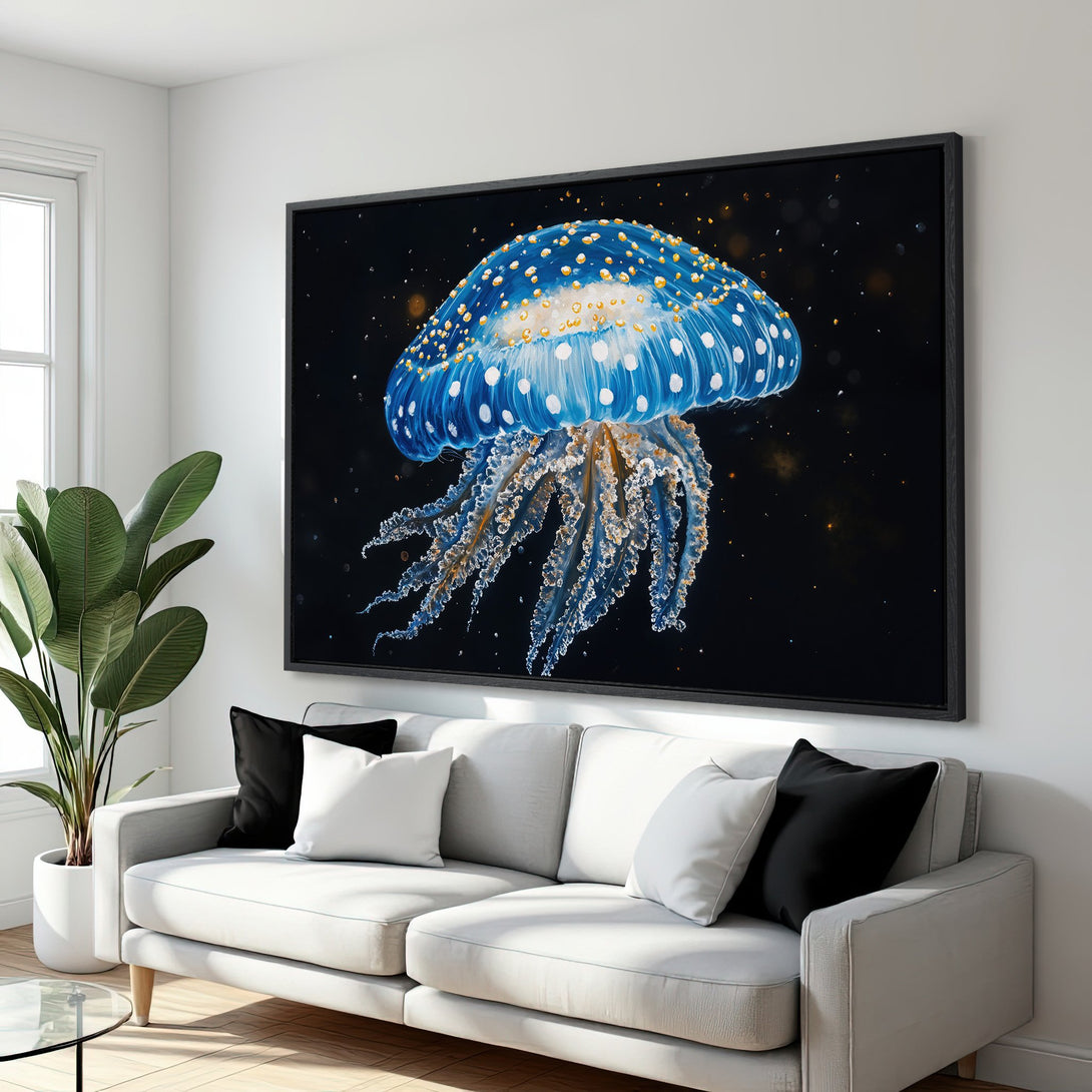 Framed Wall Art: Stunning blue jellyfish Canvas Print with white polka dots against a black background. Modern art with a coastal vibe.