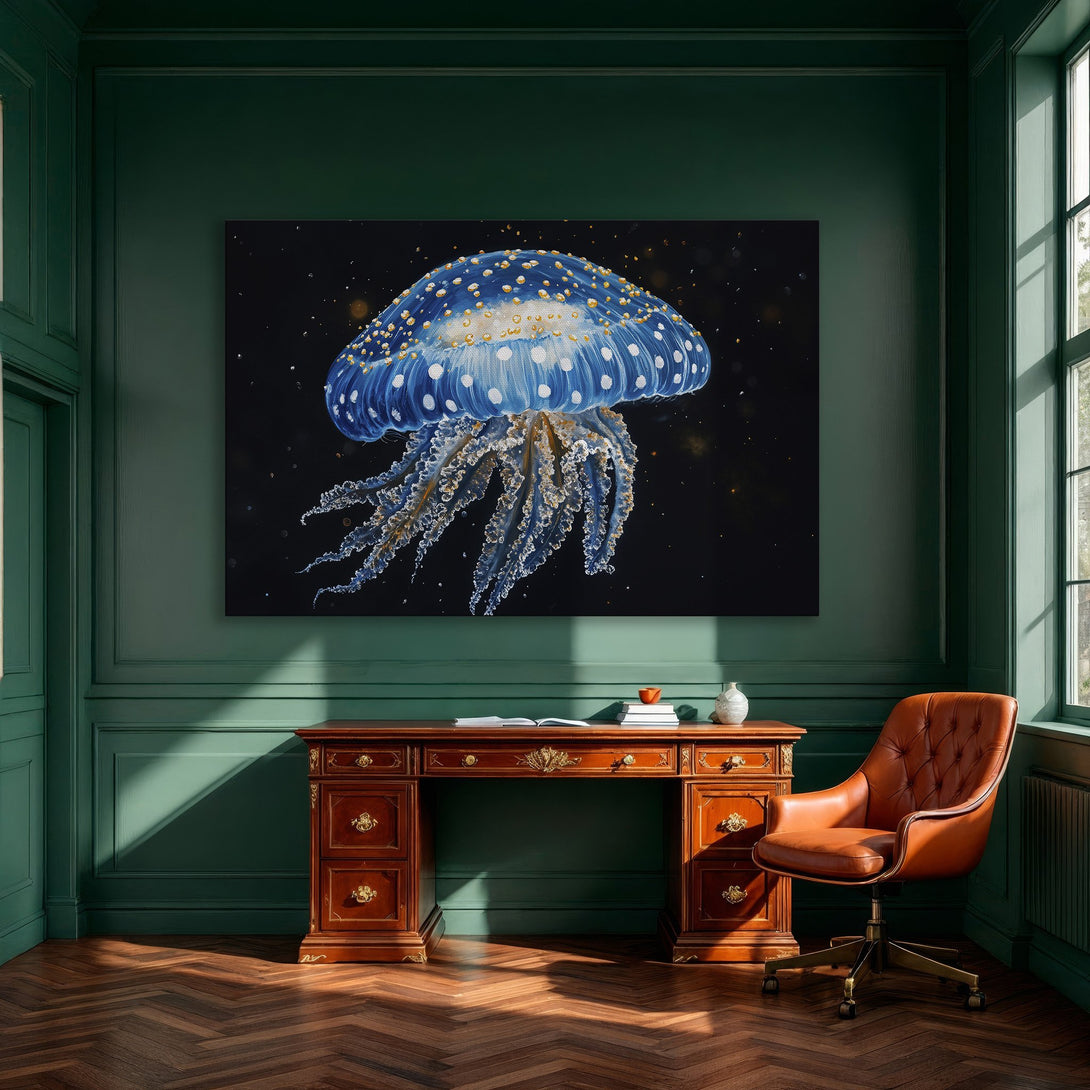 Framed Wall Art: Stunning blue jellyfish canvas print. Modern art in a dining room. Features blue, white, and gold color palette. Perfect home decor!