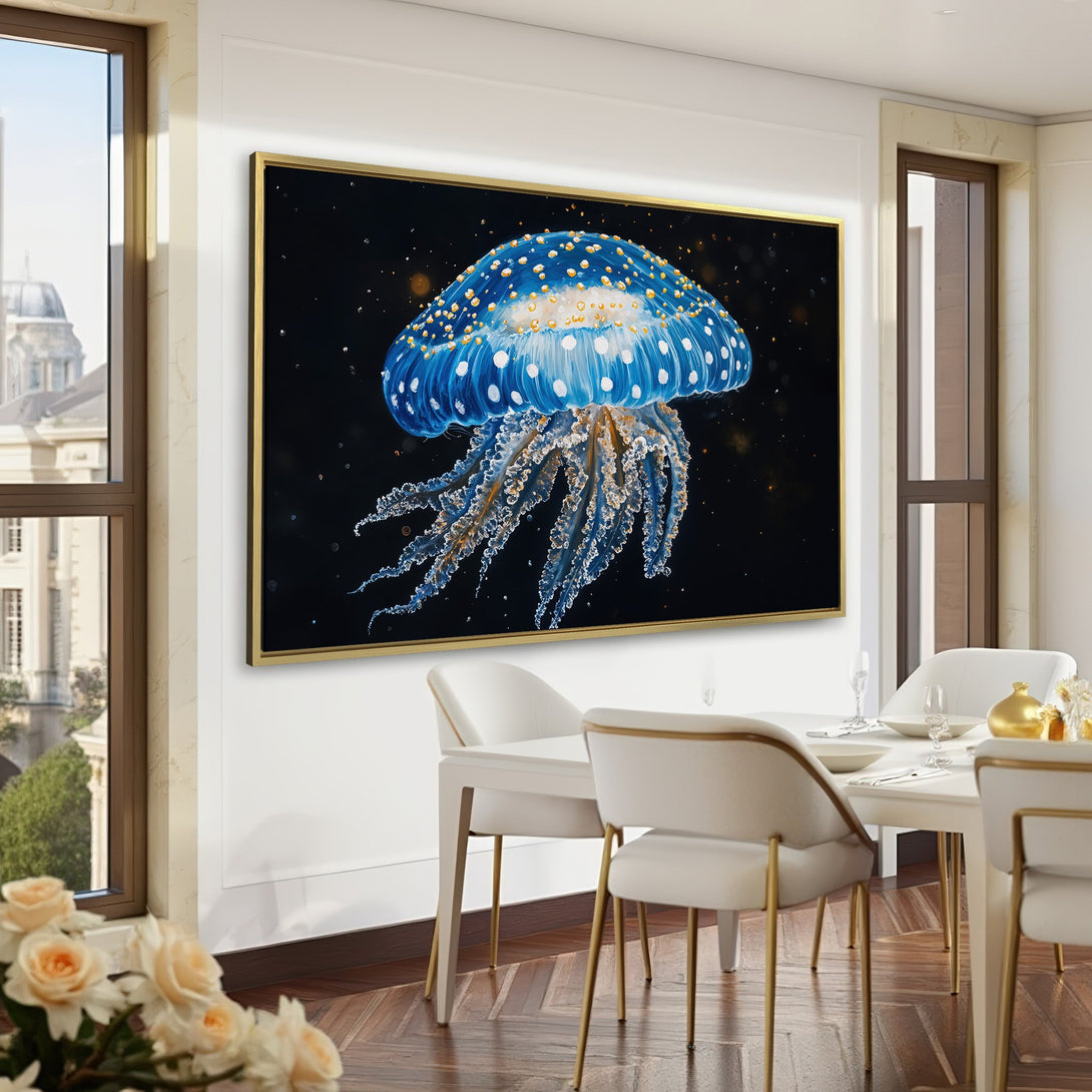 Canvas Print of a blue jellyfish on a black background. Modern art in a dark, elegant room. Blue, white, and gold color palette.
