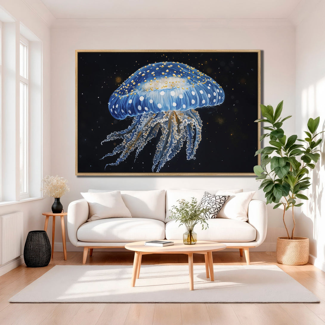 Framed Wall Art featuring a vibrant blue jellyfish against a dark background. Modern art canvas print with a calming blue and gold color palette, perfect for any interior.