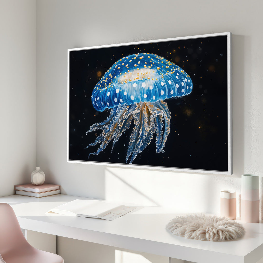 Framed Wall Art: Stunning blue jellyfish canvas print. Modern art with a vibrant blue, white, and gold color palette. Perfect for coastal decor!