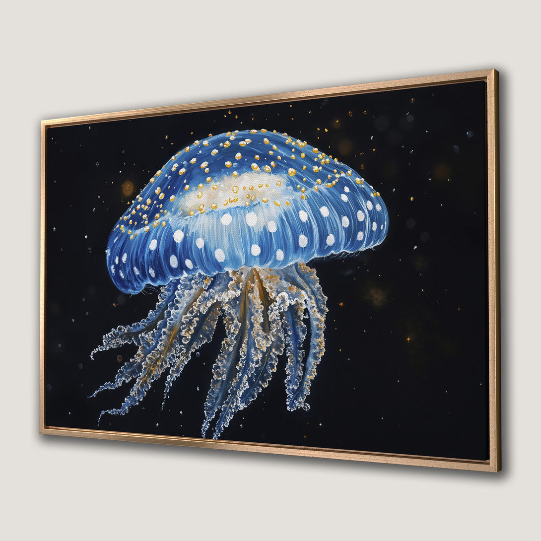 Framed Wall Art: Stunning blue jellyfish painting on black background. Modern art with gold accents. Perfect for ocean-themed decor.