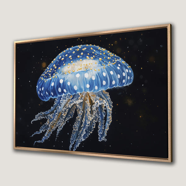 Framed Wall Art: Stunning blue jellyfish painting on black background. Modern art with gold accents. Perfect for ocean-themed decor.