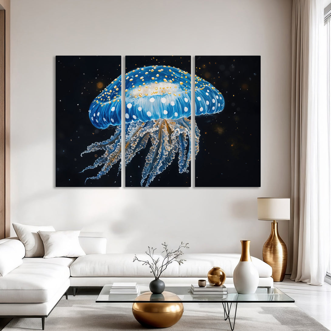 Canvas Print of a vibrant blue jellyfish against a dark background. Modern wall art with a calming, oceanic color palette.