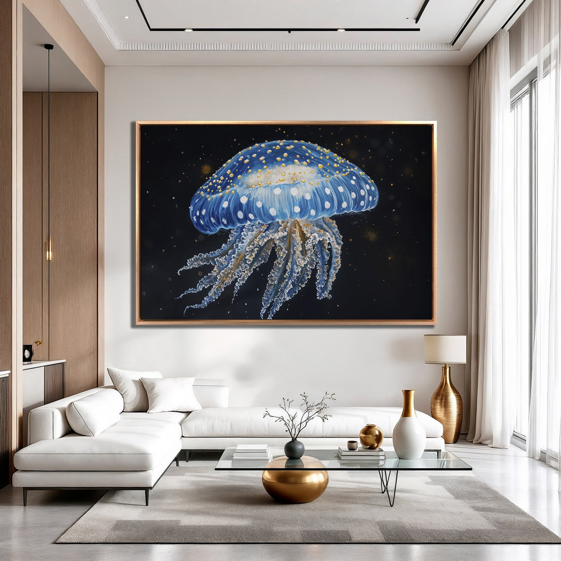 Framed Wall Art: Stunning blue jellyfish painting in a modern interior. Features a dark background, gold accents, and a cool, calming color palette.