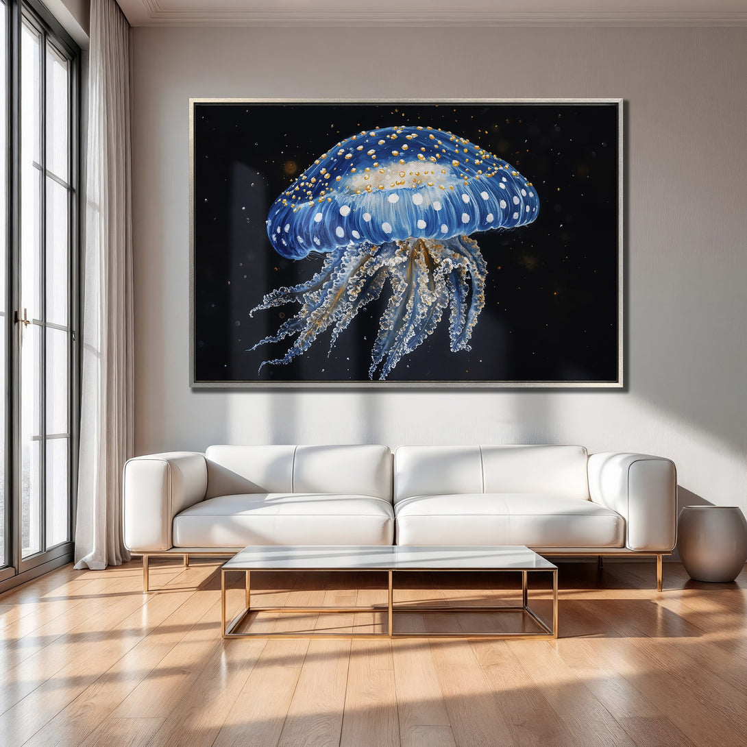 Framed Wall Art featuring a stunning blue jellyfish against a dark background. Modern art with a calming, ocean-inspired color palette. Perfect for any interior.