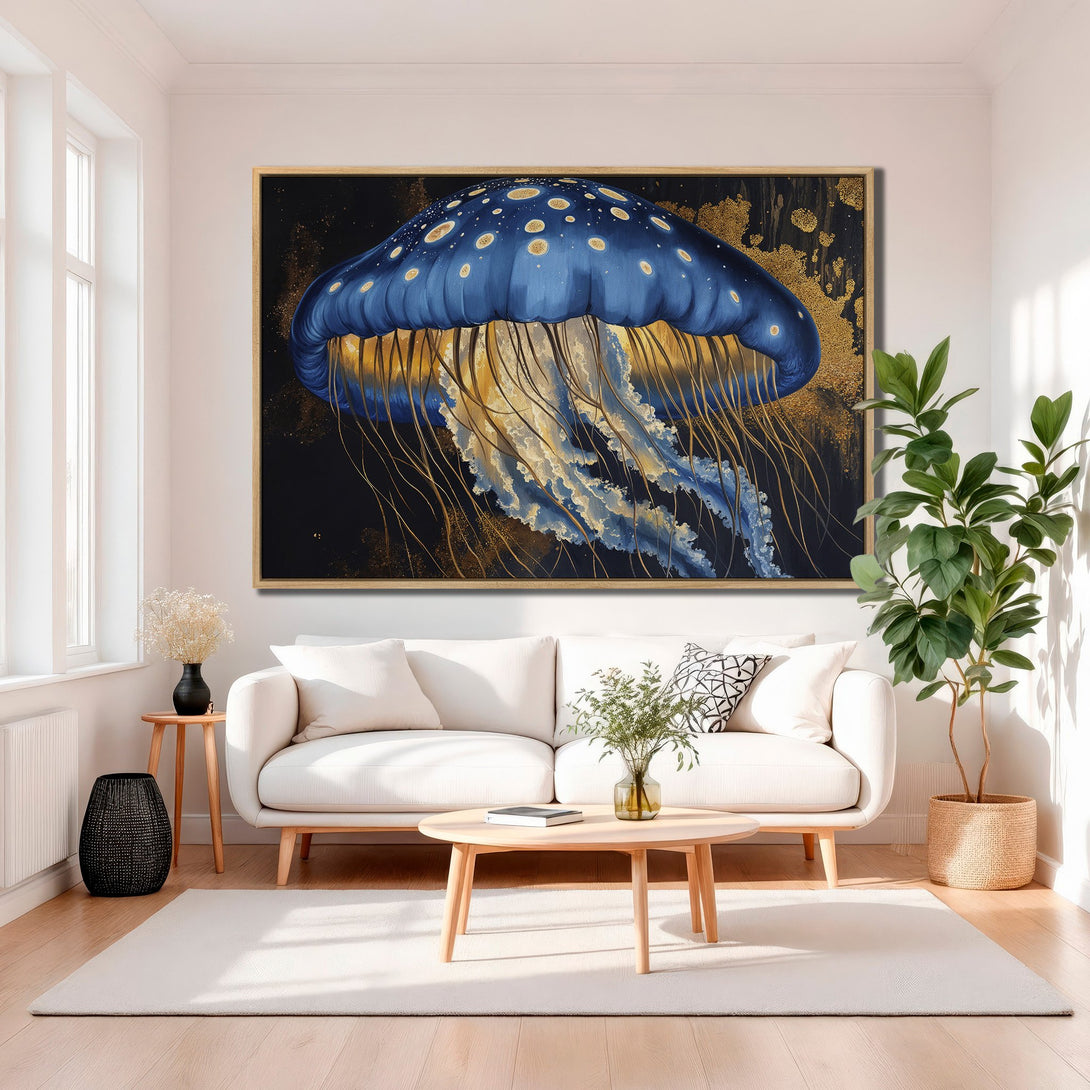 Framed Wall Art featuring a stunning blue and gold jellyfish against a dark background. Modern art for a stylish living room, adding a pop of color.
