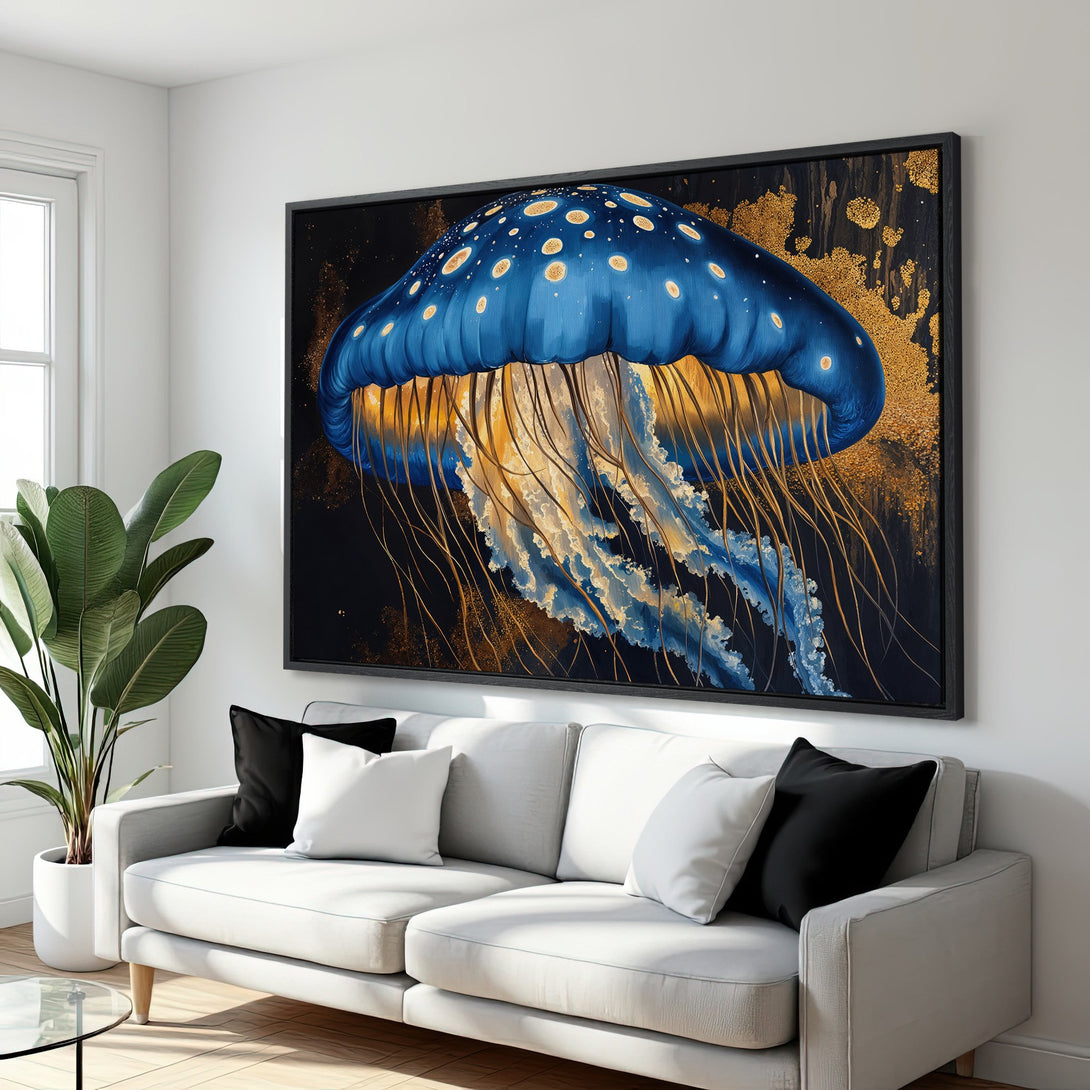 Framed Wall Art: Stunning blue jellyfish canvas print with gold accents. Modern art for your home. Transform your space!