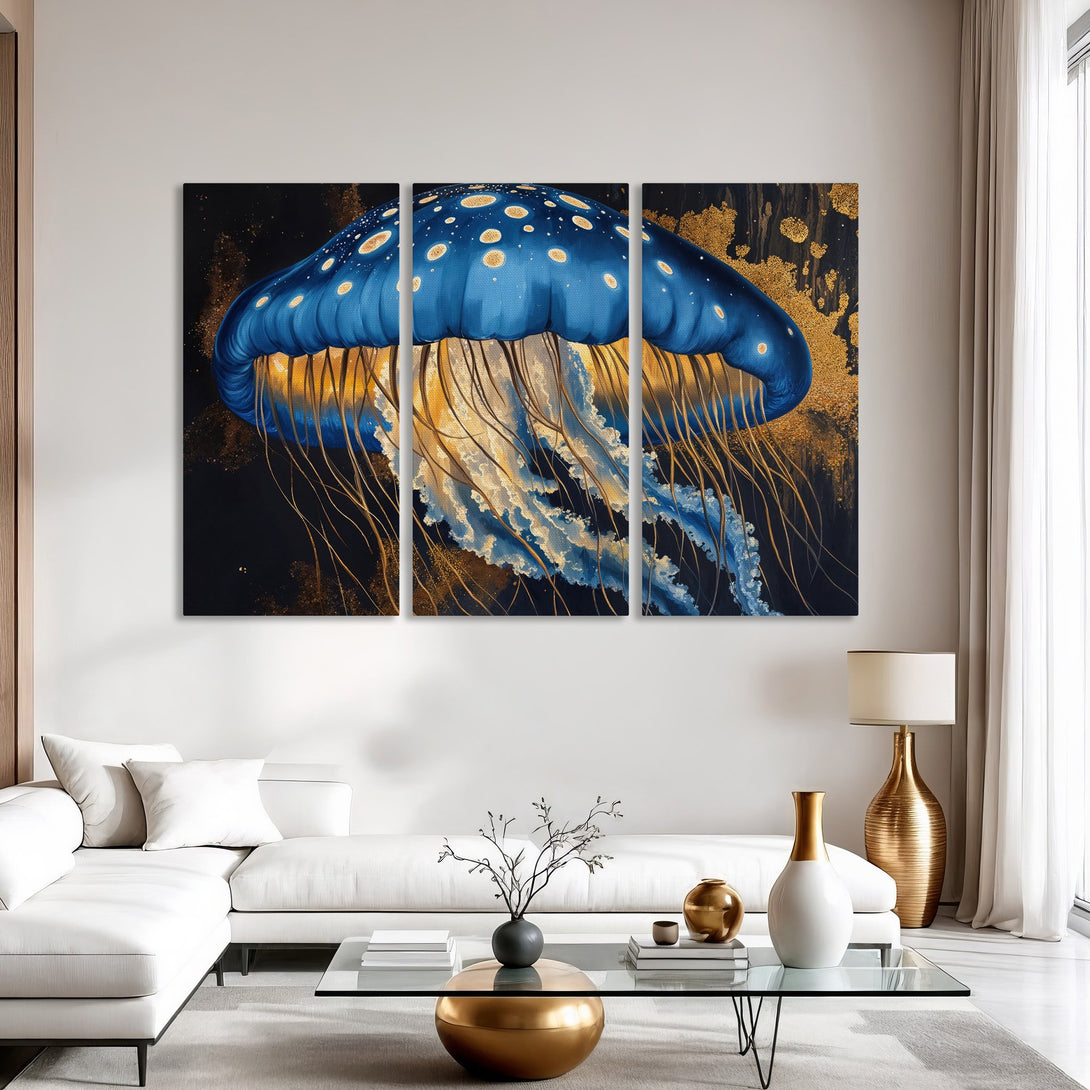 Canvas Print of a vibrant jellyfish in blue & gold, modern art style. Perfect wall decor for a stylish living room.