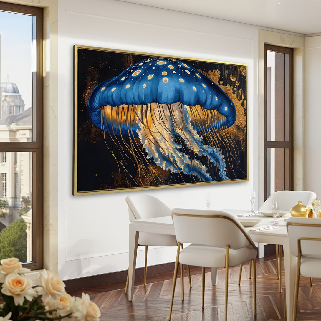 Canvas Print: Stunning blue jellyfish art with gold accents, displayed in an elegant green interior. Transform your space with this captivating wall decor.