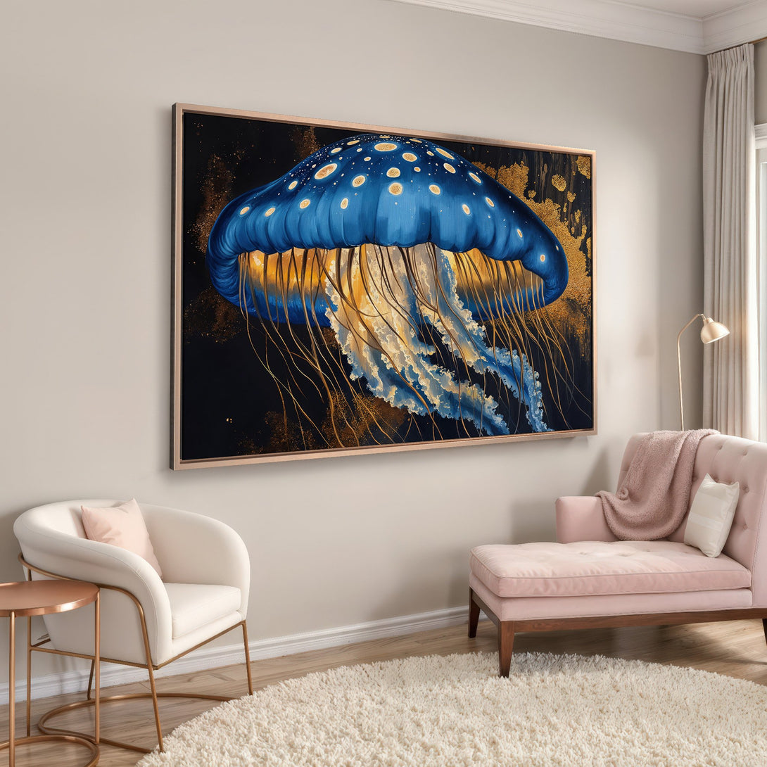 Framed Wall Art featuring a vibrant blue and gold jellyfish painting. Modern style with a dark background and a pop of color perfect for any space.