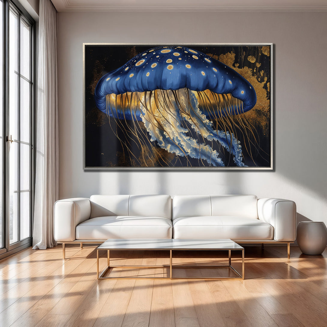 Framed Wall Art: Stunning blue & gold jellyfish canvas print. Modern art with a dark, elegant color palette. Elevate your home decor!
