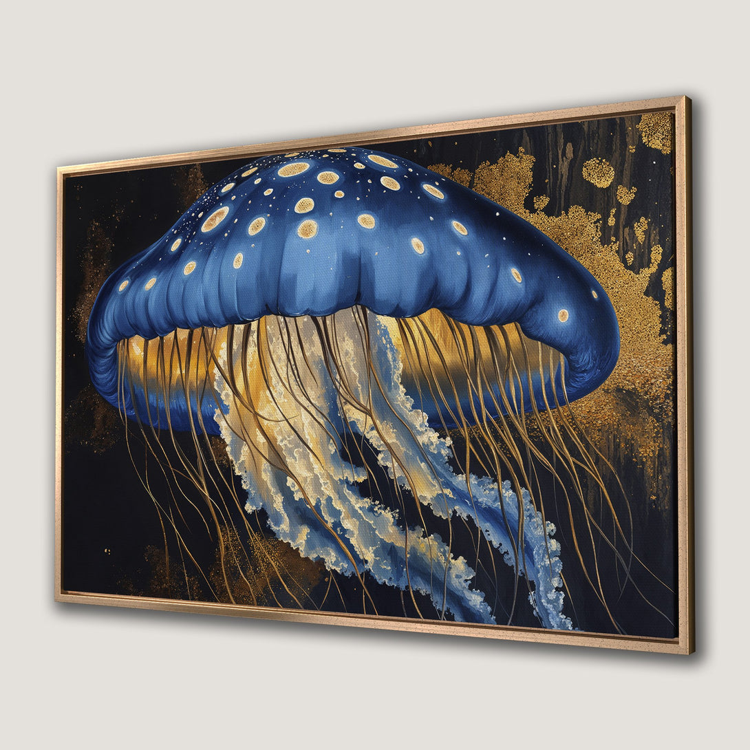 Framed Wall Art: Stunning blue jellyfish painting with gold accents. Modern art canvas print for a stylish home decor upgrade.