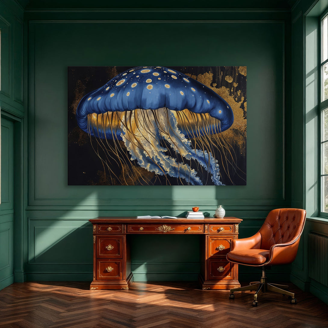 Framed Wall Art: Stunning blue & gold jellyfish canvas print. Modern art for your home decor. Adds a touch of elegance.