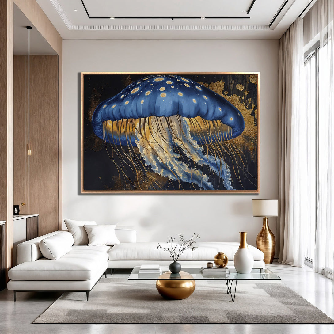 Framed Wall Art: Abstract blue jellyfish painting with gold accents. Modern style, perfect for living room decor. Explore our Canvas Print collection!