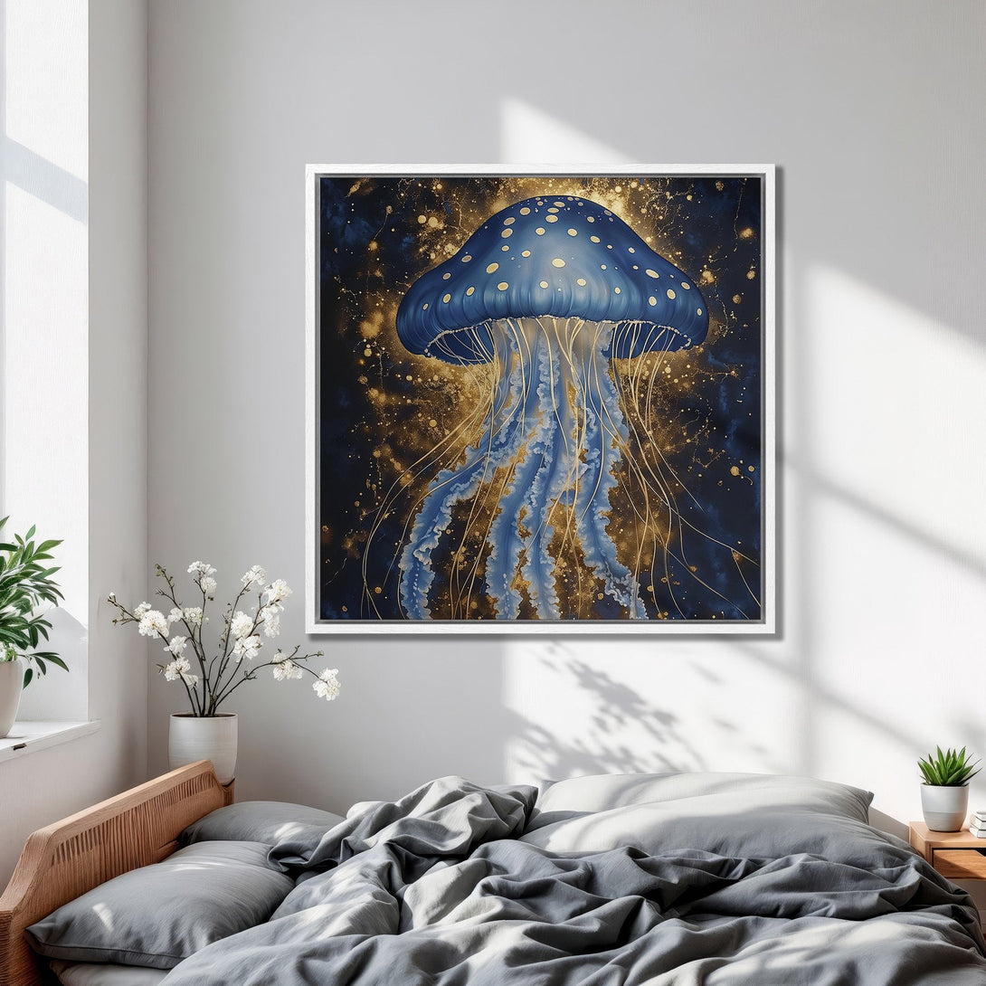 Framed Wall Art: Stunning blue jellyfish art print with gold accents. Modern style, perfect for bedroom decor. Add a touch of ocean elegance!