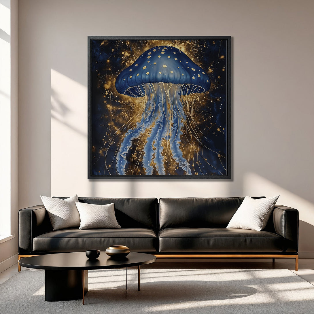 Framed Wall Art: Stunning blue jellyfish art print with gold accents. Modern, abstract style in a luxurious living room setting. Elevate your space!