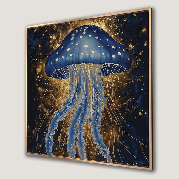 Framed Wall Art: Blue jellyfish painting with gold accents. Modern abstract style, perfect for adding a touch of ocean elegance to your decor.
