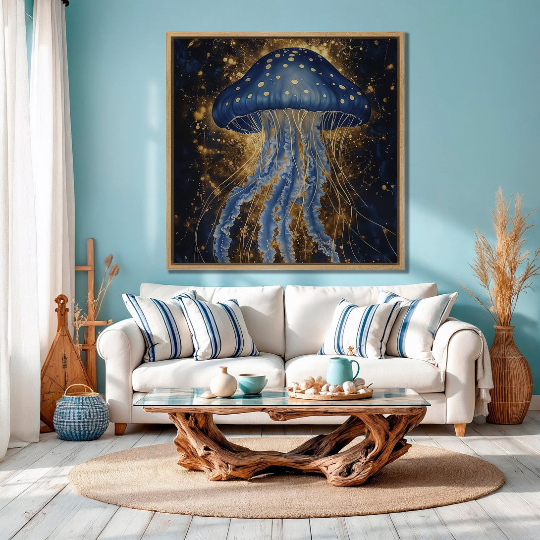 Framed Wall Art: Stunning blue jellyfish art print with gold accents. Coastal decor in a modern living room, perfect for adding a touch of the sea.