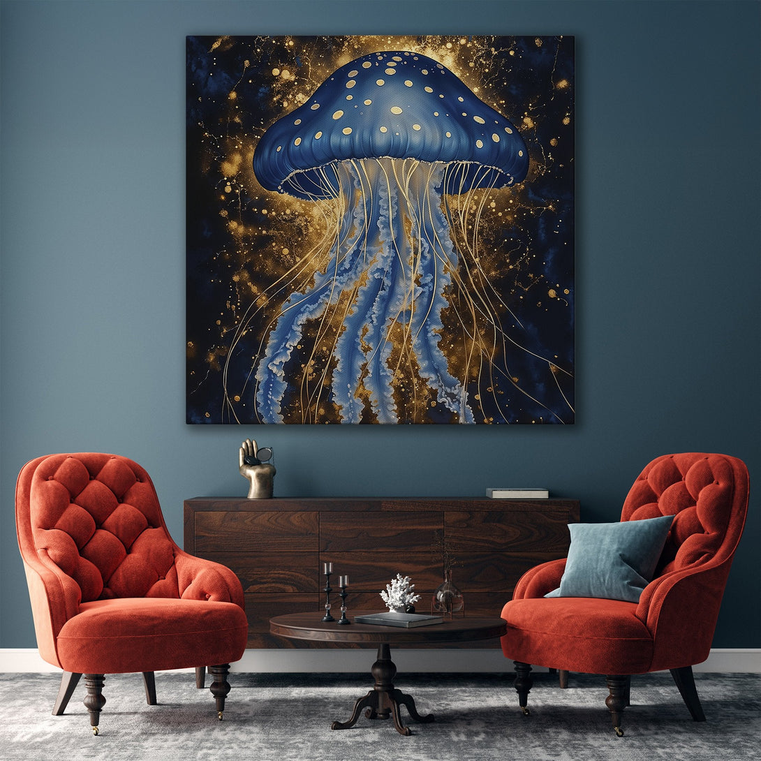 Framed Wall Art: Stunning blue jellyfish art with gold accents. Modern style, perfect for adding a touch of elegance to your home decor.