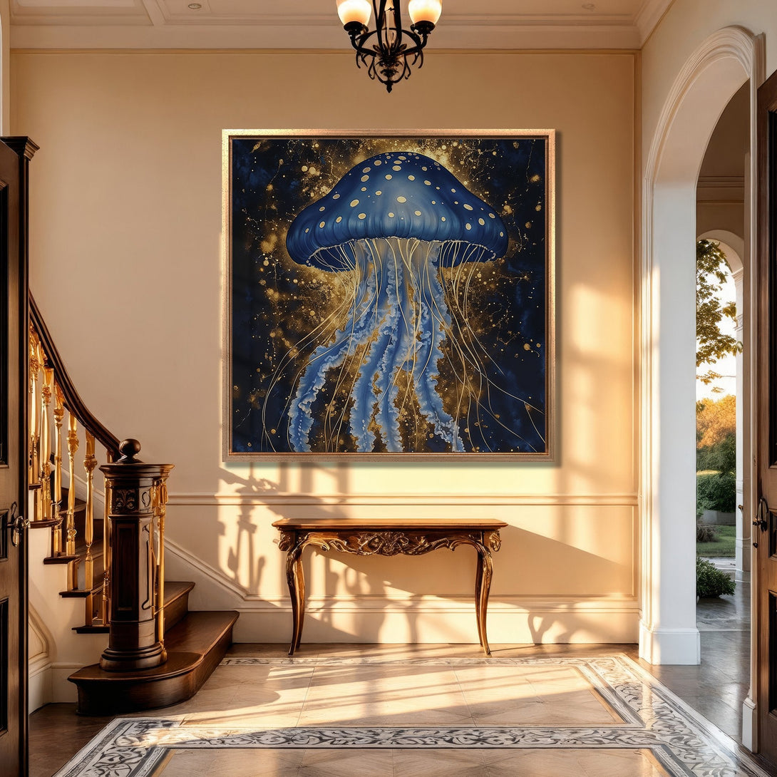 Framed Wall Art: Blue jellyfish canvas print in elegant interior. Modern art with a blue and gold color palette. Perfect for home decor.