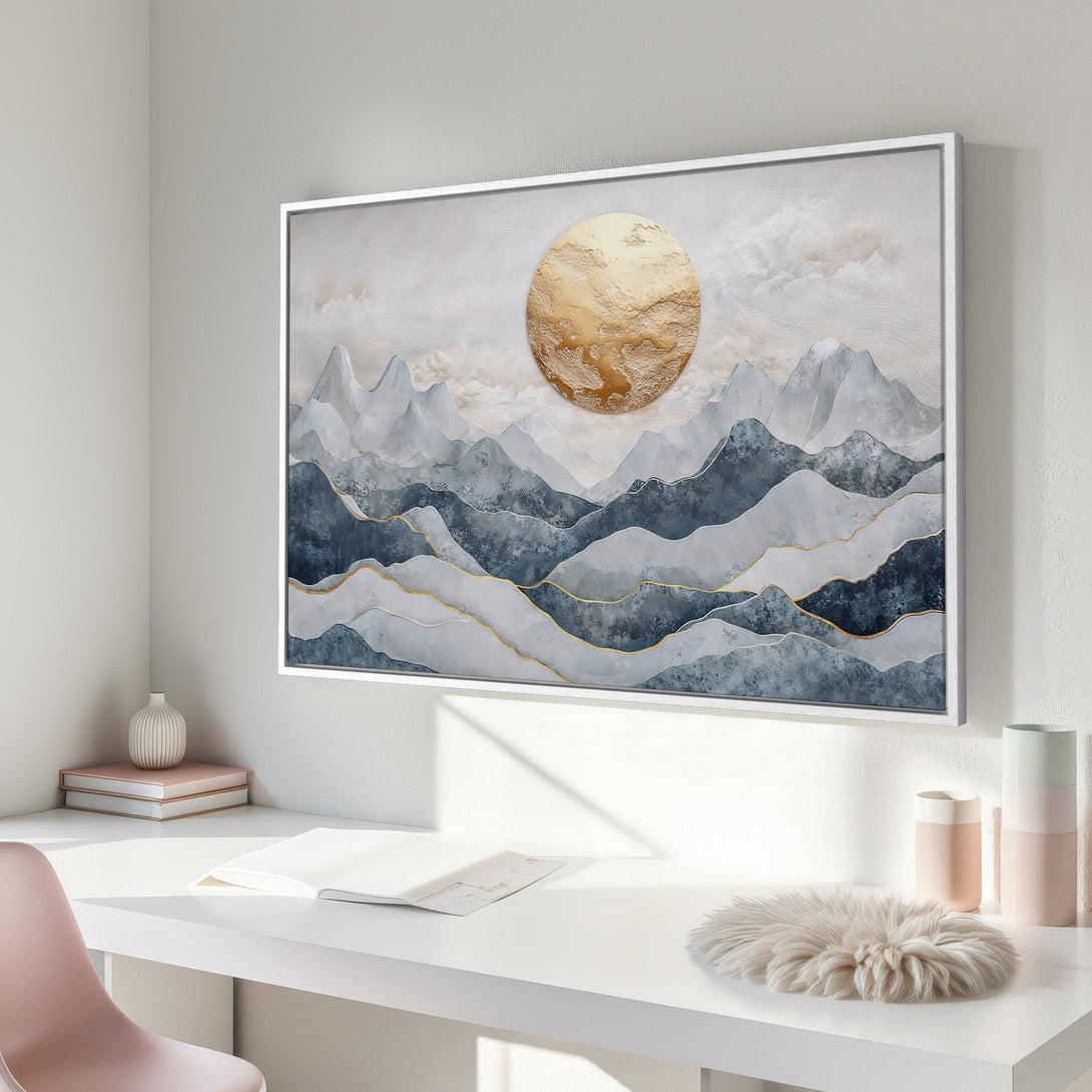 Framed Wall Art: Abstract mountain landscape Canvas Print with gold accents in a serene blue and neutral color palette. Perfect for modern decor.