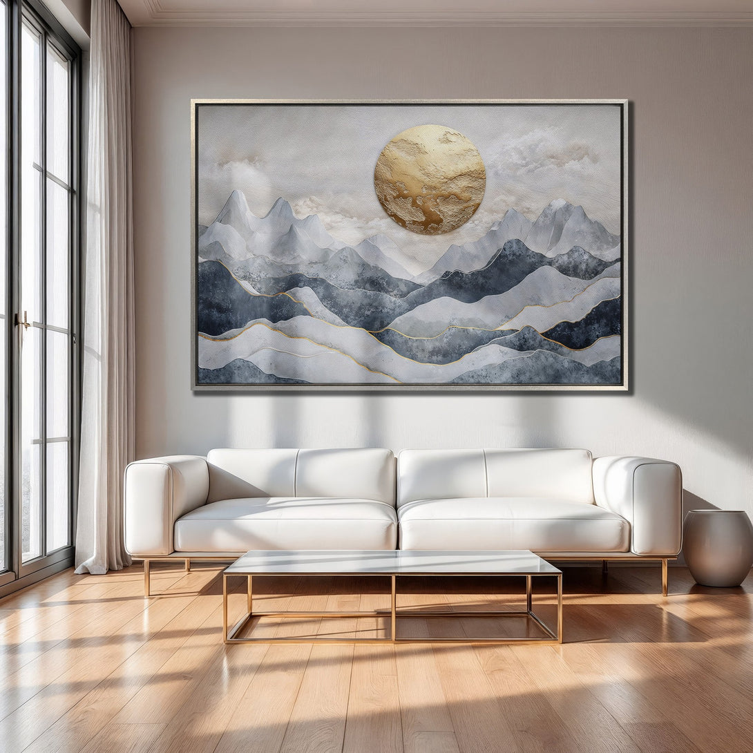 Framed Wall Art: Abstract mountain landscape Canvas Print in gray, gold, and blue tones. Modern art to elevate your home decor.