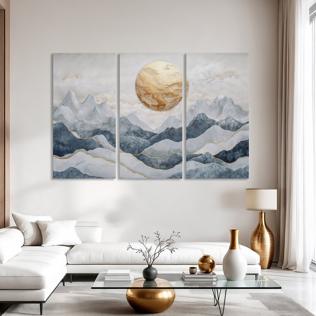 Abstract mountain Canvas Print in blue, gray, and gold tones, perfect for modern home decor.