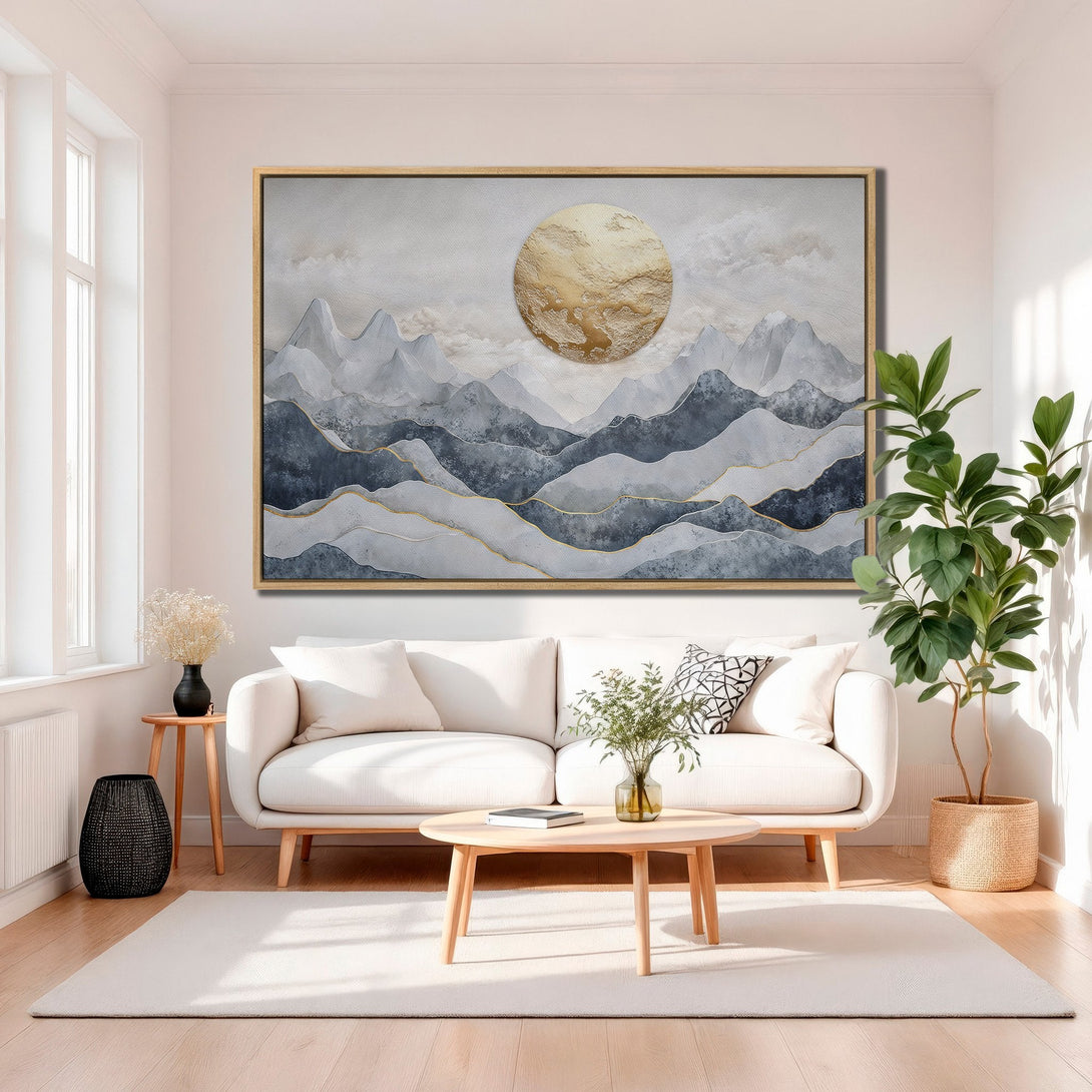 Framed Wall Art: Abstract mountain landscape Canvas Print in neutral gray and gold tones. Modern art for living room decor.