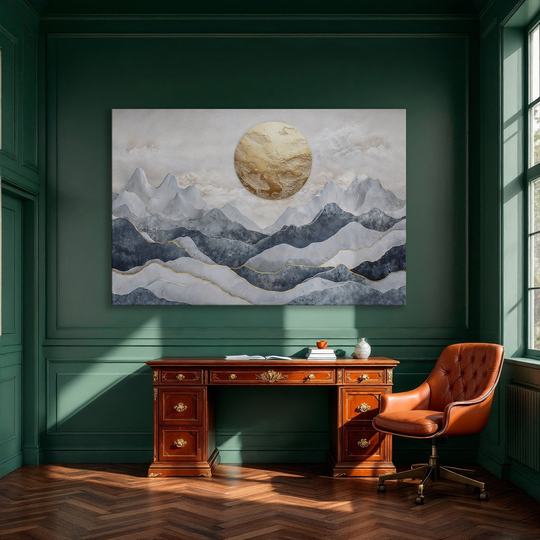 Framed Wall Art: Abstract mountain landscape canvas print in blue & gold, perfect for modern home decor. Enhance your dining room with elegant art.