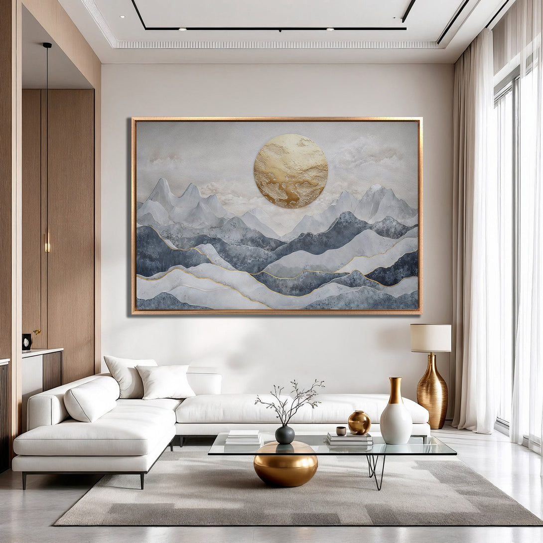 Framed Wall Art: Abstract mountain landscape Canvas Print in neutral tones with gold accents. Modern art for a stylish living room.