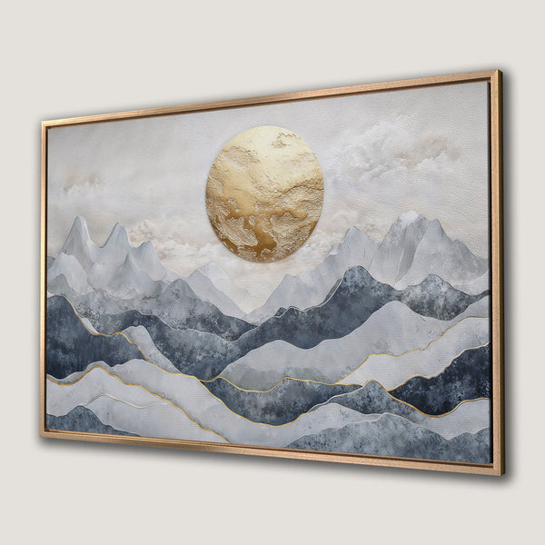 Framed Wall Art: Abstract mountain landscape with a golden sun, featuring a neutral color palette of gray, blue, and gold. Perfect for modern decor.