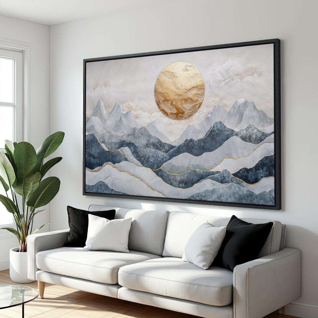 Framed Wall Art: Abstract mountain landscape Canvas Print in blue, gray, and gold tones. Modern art for living room decor.