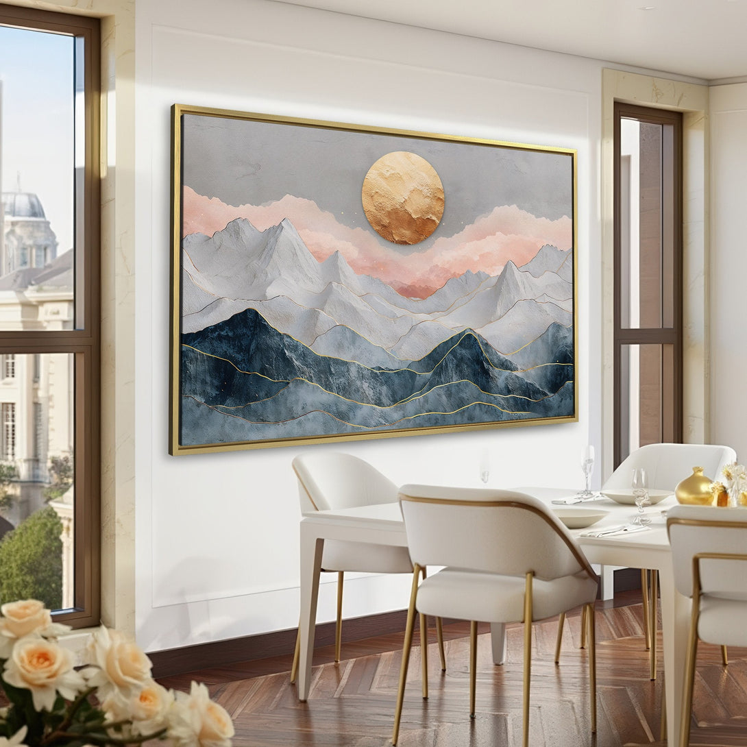 Abstract mountain Canvas Print in muted gray, blue, and gold tones. Modern art for home decor. Adds a touch of elegance to any room.