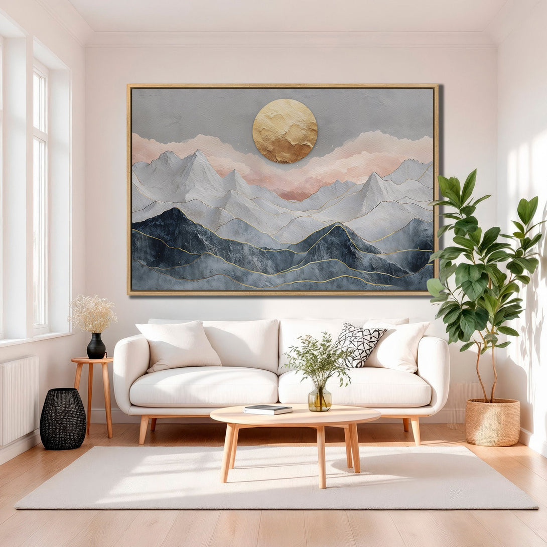 Framed Wall Art featuring a modern mountain landscape in gray, blue, and gold hues. Elevate your home decor with this stunning Canvas Print!